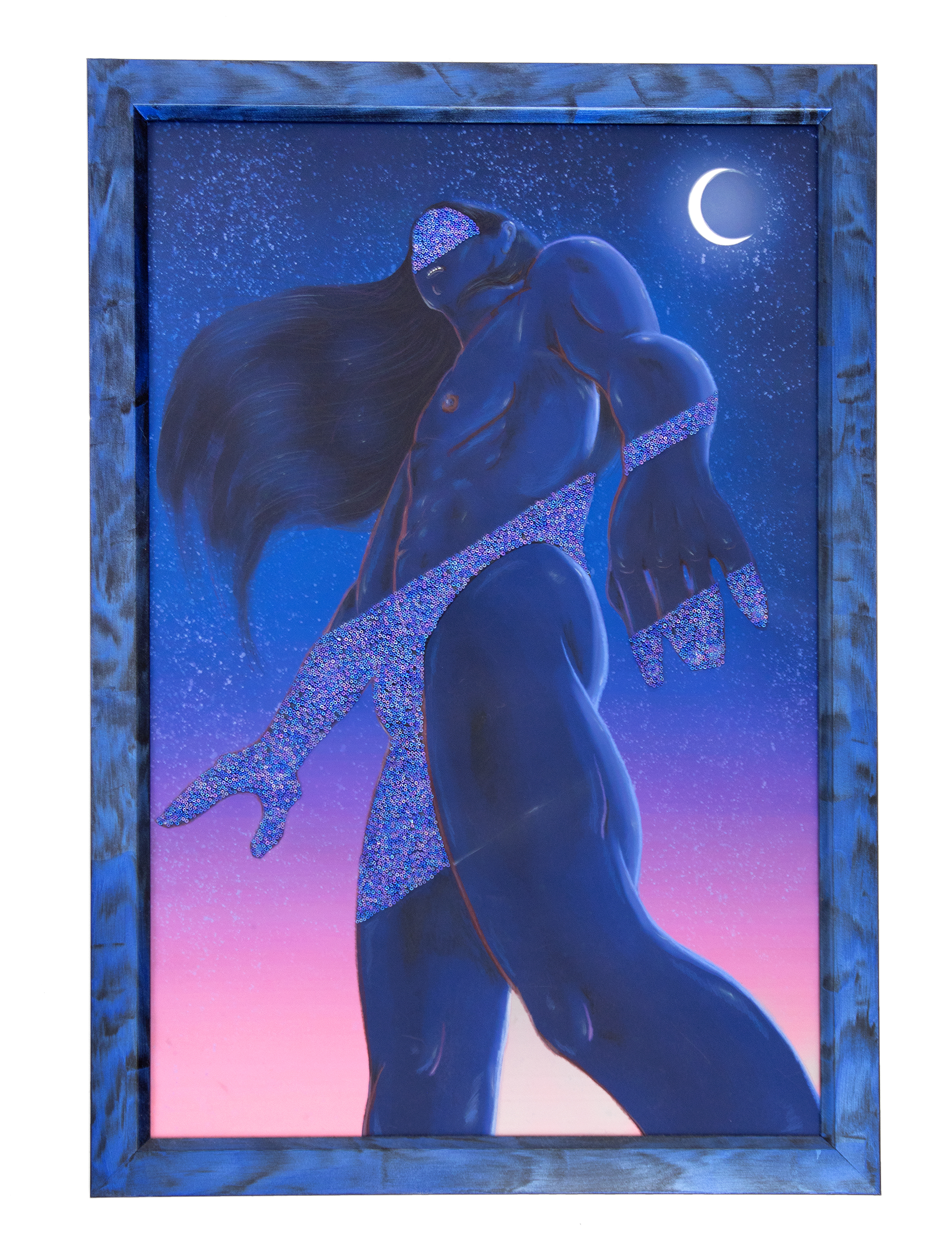 Framed illustration of a nude man with long flowing hair adroned with beaded patterns across his body against a starry sky